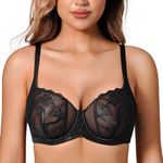 Deyllo Women's Sexy Lace Bra Demi Sheer Mesh Balconette Unlined Underwire Embroidered (Black,38D)