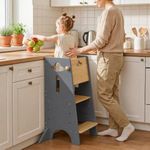 COSYLAND Toddler Standing Tower Adjustable Height - Wooden Sturdy Kitchen Step Stool - 3 Levels Adjustable Kids Learning Stool Kitchen Nursery Helper Stand (Wooden and Dark Grey)