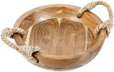 MyGift 9.6 Inch Handmade Solid Acacia Wood Fruit Bowl with Rustic Rope Handles, Decorative Round Serving Dish Tabletop Home Décor - Handcrafted in India