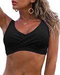 Fanuerg Women's Twist Front Bikini Top V Neck Push Up Padded Swimsuit Top Bathing Suits, 01- Black, Medium