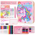 Markers Set with Glitter Unicorn Pencil Case & Stationery, Back to School Art Supplies Coloring Kits for Kids Ages 4-6-8, Unicorn Birthday Gifts for Girls Aged 4 5 6 7 8 9 10 11 12