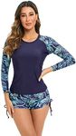 ABOCIW Long Sleeve Bathing Suit for Women Two Piece Rash Guard Swimsuits Tankini Sets UV UPF 50+ Floral Print Swim Shirt with Boyshort Bottom Athletic Swimwear Surfing Daiving #4 Navy Blue X-Large,