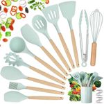 Kitchen Utensil Set, hicoosee 22 Pieces Silicone Cooking Utensils Set, Natural Wooden Handles Cooking Tool BPA Free Non Toxic Non Stick Heat Resistant Silicone Kitchen Gadgets Utensil Set, Green 01