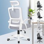 ELFORDSON Home Office Chair with Flip-up Armrests Headrest Footrest, Ergonomic Desk Chair Swivel with Built-in Lumbar Support, Computer Gaming Chair Mesh Chair, White and Grey