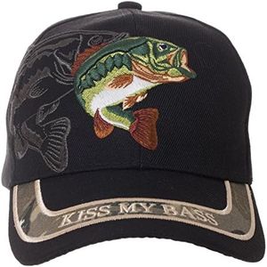 Artisan Owl Kiss My Bass Embroidered Fishing Baseball Cap - Adjustable Hook and Loop Closure (Black)