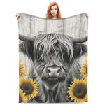 Turamurra Highland Cow Blanket Gifts for Adults Kids Soft Warm Lightweight Cozy Black and White Farmhouse Wooden Cow Sunflower Throw Blankets for Bed Sofa Living Room Couch Home Decor 50"x60"