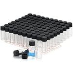 100 Pack Clear Small Glass Vial, 10ml Lab Sample Vials with Screw Caps, Plastic Stoppers and Label Papers, Leak-Proof Liquid Sampling Glass Bottles for Essential Oil, Perfume, Reagent, Seeds (Black)