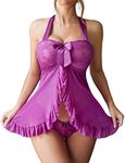Avidlove Women Sexy Nightwear Halter Lace Strap Chemise Babydoll Lingerie Set Light Purple