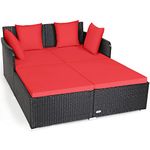 COSTWAY Outdoor Rattan Daybed, Patio Sofa Bed Sun Lounger Couch with Upholstered Cushions, Wicker Weave Loveseat Conversation Furniture Set for Garden Yard and Poolside (Red)