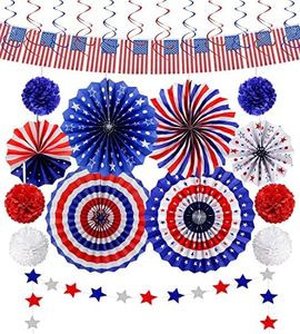 26Pcs Patriotic Party Decorations 4th of July American Flag Decor Set - USA Flag String, Red White Blue Paper Fans, Star Streamer, Pom Poms, Hanging Swirls Party Supplies for American Theme Party