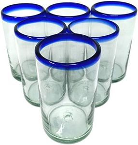 Hand Blown Mexican Drinking Glasses – Set of 6 Glasses with Cobalt Blue Rims (14 oz Each)