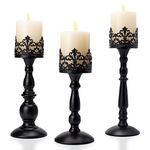 Vintage Pillar Candle Holders Set of 3-12'' 11'' 9''- Black Gothic Hollow Candle Holder for Table Centerpieces - Tall Candle Stands Decorative for Dining Room & Living Room - Fireplace Decor & Gift