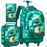 3PCS Rolling Backpack for Boys, 19 Inches Travel Roller Bookbag with Wheels, Dinosaur School Wheeled Backpacks with Lunch Box (Green)