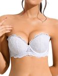 Amafuur Push Up Strapless Lace Bra Heavily Padded Add 2 Cup with Clear Straps Multiway Sexy Balconette, White, 32C