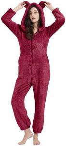 PEHMEA Women's Onesie Pajamas Sherpa Plush Hooded Romper Cozy Winter Sleepwear Holiday Party One Piece PJs for Adults, Teens(Red-XS)