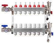 7-Branch Radiant Heat Manifold,Stainless Steel PEX Manifold with Compatible Outlets for Hydronic Radiant Floor Heating (1/2" Adapters included)