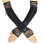 BABEYOND Lace Up Fingerless Gloves Long Elbow Gloves for Costume Party Lace-up Arm Warmer Gloves (Black with Lace Edge)