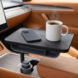 OYKPWY 360° Rotating Wood Car Tray – Adjustable Car Desk & Car Table Tray,Cup Holder Mount w/Extension Rod, Organizer Pouch,Storage Bag & Desk Mat,Compatible w/Tesla Model 3/Y/S/X & Most Vehicles