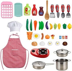 Locisne 42 Mini Kit di Giocattoli Colorati per Alimenti - Cucina per Bambini Set da Cucina E Cottura con Pentole e Padelle in Acciaio Inox, Grembiule e Cappello da Chef, Taglio di Verdure