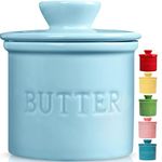 PriorityChef Butter Crock with Lid, On Demand Spreadable Butter, French Butter Keeper to Leave On Counter with Water Line, Ceramic French Butter Dish, Light Blue