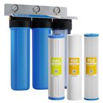 Max Water 3 Stage 20" Big Blue 1" Port Whole House Water Filter + Pressure Gauge Double O Ring Filter Housing w/Pleated Sediment, PP Sediment, GAC Carbon Filters