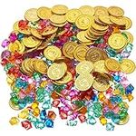 THE TWIDDLERS - 300 Pirate Treasure Kids Set - 150 Gold Coins & 150 Gems Party Fillers, Perfect for a Pretend Treasure Hunt Kit, Pirate Party Bag Fillers for Kids, Pirate Coins and Gems for Kids