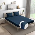 Wakefit Bedsheet for Queen Size, Bedsheet for Queen Size Bed, Fitted Bedsheets Queen Size, Queen Size Bedsheet, 144 TC 100% Cotton with 2 Pillow Covers (Elastic Fitted Sheet 75x60: Navy)