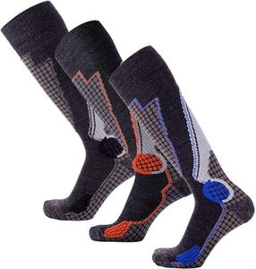 Pure Athlete High Performance Wool Ski Socks - Thermal Warm Merino Wool OTC Sock, Men Women (3 Pairs - Black/Blue(1)+Black/Orange(1)+Black/Silver(1), Large)