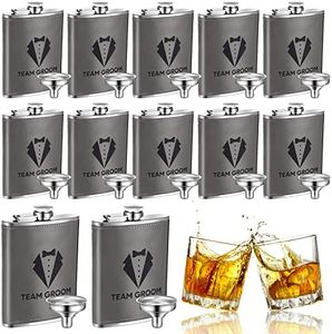 Rtteri Groomsman Proposal Gifts Set of 12, 8 oz Stainless Steel Leather Hip Flask for Men Wedding Personalized Groomsmen Flask Tuxedo Drinking Flasks for Bachelor Party Favors, Gray