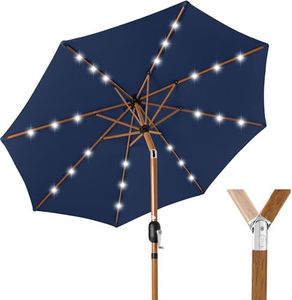 Best Choice Products 10ft Solar Market Patio Umbrella w/Woodgrain Pattern Pole, LED Lights, Tilt & Crank – Outdoor Sun Shade for Backyard Table, Deck, Poolside – Navy Blue
