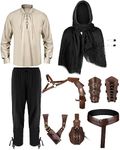 Panitay 8 Pcs Men's Renaissance Costume Set Shirt Pants with Belt Shawl Half Shoulder Cape Scarf Pouch Bracer and Sword Bag (Brown, Medium)