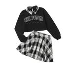 Momkonzz Girls Clothes Kids Outfits Plaid Skirt Set Letter Printed Crop Pullover Polo Long Sleeve Top 2PCS Dress Black Jumper 13-14 Years