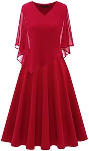 DRESSTELLS Robe de Cocktail Femme avec Cape en Mousseline Superposition Col en V, Robe de Soirée Chic et Élégante, Robe d'invitée de Mariage et Occasions Spéciales Rouge XL