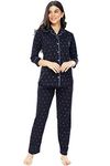 ZEYO Women's Cotton Heart Printed Navy Blue Night Suit set of Shirt & Pyjama 5276