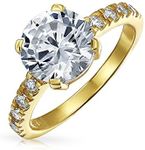 Personalize 4CT AAA CZ Round Brilliant Solitaire Engagement Ring For Women .925 Sterling Silver 14K Yellow Gold Plated Cubic Zirconia Pave Side Stone 2MM Band Customizable