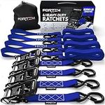 FORTEM Ratchet Tie Down Straps, 2362kg Break Strength, (4) 3.04 Meter Heavy Duty Straps, (4) Soft Loops, Rubber Coated Metal Handles, Plastic Coated Metal Hooks, Carrying Bag (Blue)