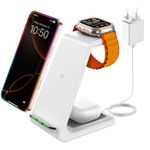 GEEKERA Wireless Charger, 3 in 1 Wireless Charging Station for iPhone 16/15/14/13/12/11/Pro Max/X/8, Phone and Watch Charger Stand for Apple Watch Ultra/10/9/8/7/6/5/4/3/2/SE, AirPods Pro/4/3/2-White