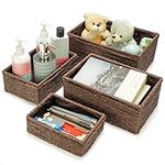 BELLE VOUS 4 Pack of Brown Wicker Storage Baskets - Woven Storage Hampers for Bathroom, Living Room, Cupboard or Shelves - Decorative Natural Rattan Nesting Organiser Bin Set - 4 Sizes