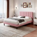 BTM Double Bed Frame 4FT6-135x190cm, Upholstered Double Bed with Adjustable Headboard & Solid Wood Slat & Mute Foam, Grey Velvet Double Bed (No Mattress)