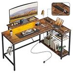 Bestier L Shaped Desk with Power Outlets & LED Lights Reversible 132CM Corner Desk with Shelves Larger PC Workstation with Hooks for Home Office Studying Desk for Bedroom