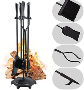 FEED GARDEN Fireplace Tools Set 5 Pieces Modern 32 Inch Outdoor Wrought Iron Fireplace Accessories Set with Log Holder Poker, Tong, Shovel, Brush, Base, Black