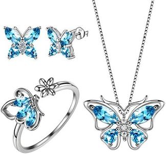 Aurora Tears Butterfly Jewelry Set,925 Sterling Silver Butterflies March-Aquamarine Birthstone Pendant Necklace/Earrings/Rings for Wedding Gif