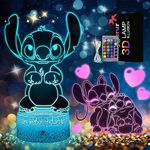 Eygerur 2 Patterns Stitch Night Light, 3D LED Illusion Stitch Lamp Stitch Gifts Stitch Toys for Boys Girls 16 Colors Dimmable USB Powered Touch Control with Remote, Children's Room Decoration Holiday