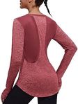 PINSPARK Womens Gym Shirts Long Sleeve Workout Top Mesh Activewear T Shirts Fitted Athletic Shirt with Thumb Holes Dark Red XL