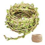 10m green leaf rope, with 2m hemp rope, Garden decoration accessories, leaf vine hemp rope, party supplies, leaf ribbon, used for gardening, gift packaging, DIY crafts