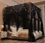 Nattey 4 Corners Post Canopy Bed Curtains King Size - Bed Canopy Black 4 Opening Mosquito Net Canopy Bed Cover