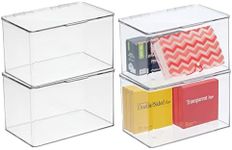 mDesign Small Plastic Home Office Storage Organizer Box Containers with Hinged Lid for Desktops - Holds Pens, Pencils, Sticky Notes, Highlighters, Staples, Supplies - Lumiere Collection, 4 Pack, Clear