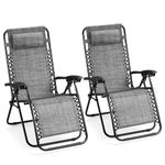 VonHaus Zero Gravity Chairs Set of 2 - Grey Reclining Sun Loungers for Garden - Textilene Folding Sunloungers with Detachable Head Pillow - Fold Away 2 Set Deck Chairs for Outdoor, Patio & Decking
