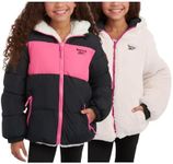 Reebok Girls' Winter Jacket – Reversible Quilted Puffer Coat with Sherpa Fleece Lining – Reversible Jacket for Girls (4-16), Black, 10-12