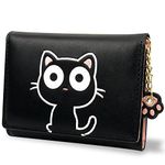 Conisy Ladies Leather Purse Cute Cat Pattern Slim Tri-Fold Little Wallet for Women and Girls (Black)